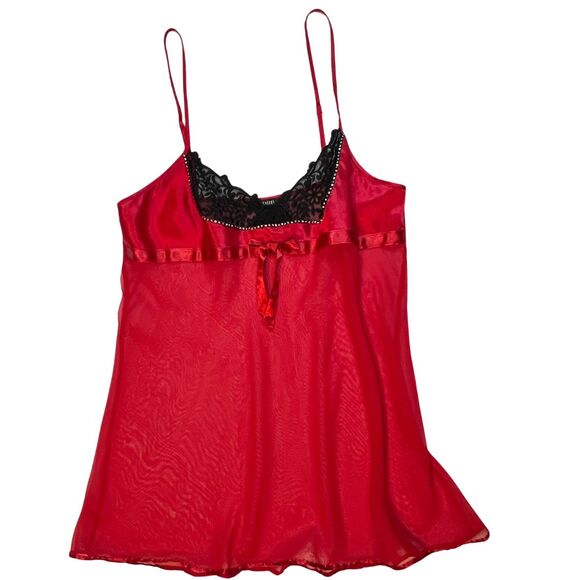Fantasies Pajama Top Womens Large Red Mesh Black Lace Rhinestone Sleep Cami - Picture 6 of 12